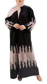 Premium crepe and organza embellished with glass beads front open abaya