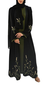 Premium Korean Nida embroidered with embellishments front open abaya