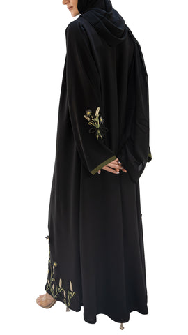 Premium Korean Nida embroidered with embellishments front open abaya