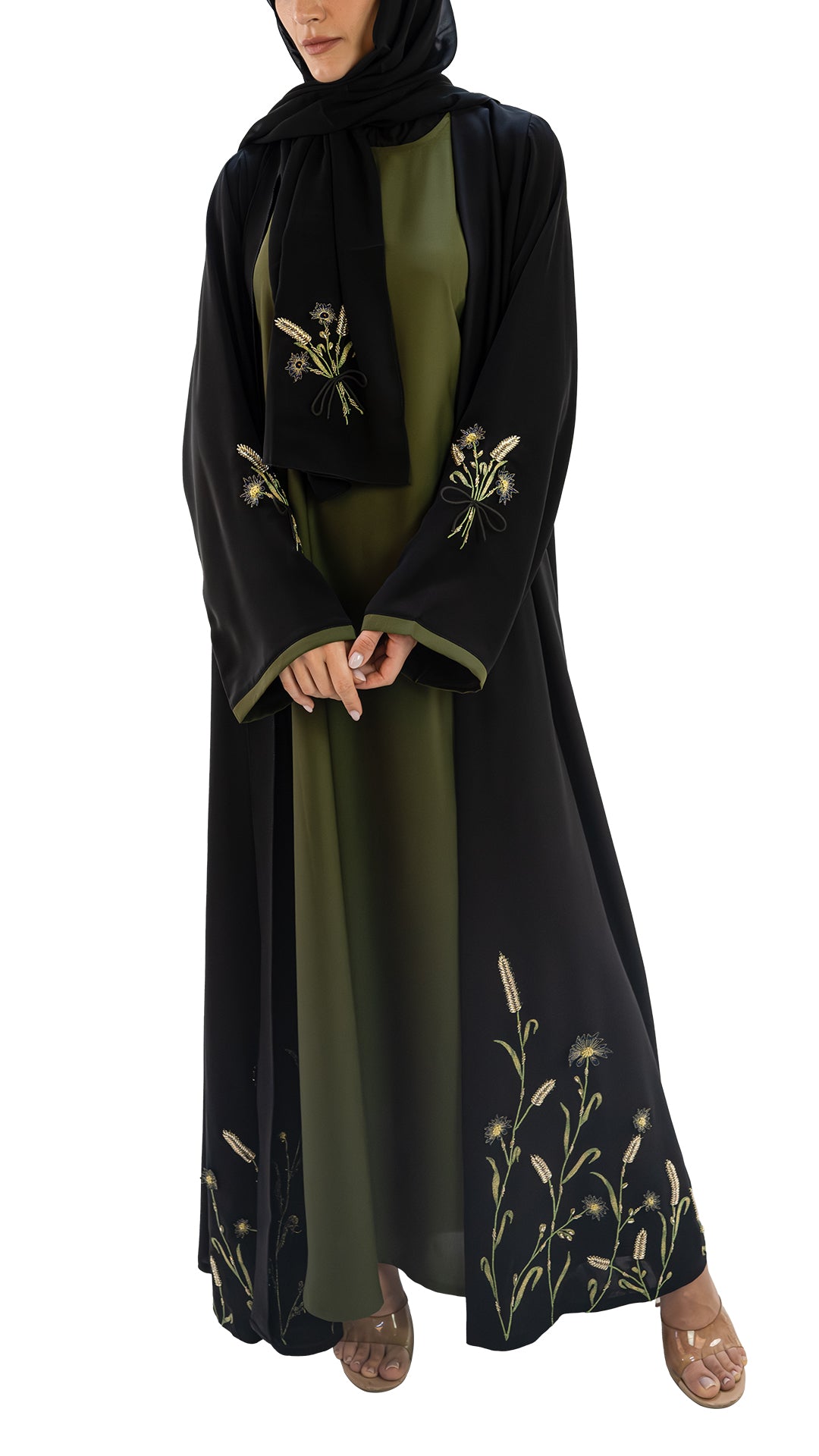 Premium Korean Nida embroidered with embellishments front open abaya
